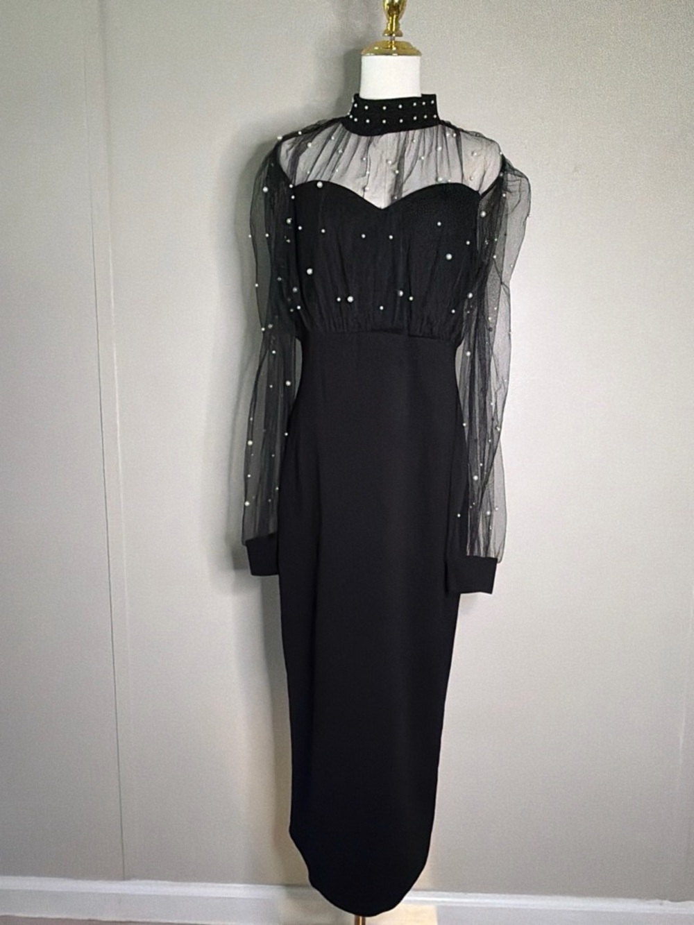 chicme Black Midi Dress with Sheer Pearl-Dotted Yoke